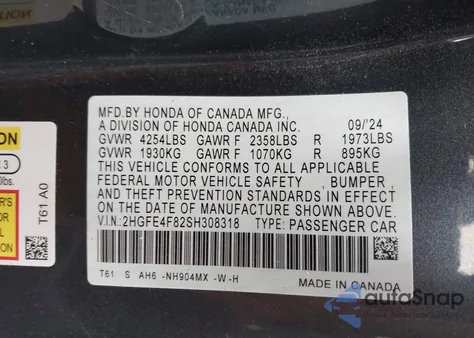 2025 Honda Civic Hybrid Sport/Sport Touring z USA, uszkodzony, nr VIN 2HGFE4F82SH308318